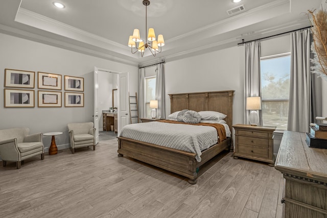 381 Oak Meadow Ln, Weatherford, TX 76085 - bedroom featuring a tray ceiling, a chandelier, light wood-style flooring, ornamental molding, and recessed lighting