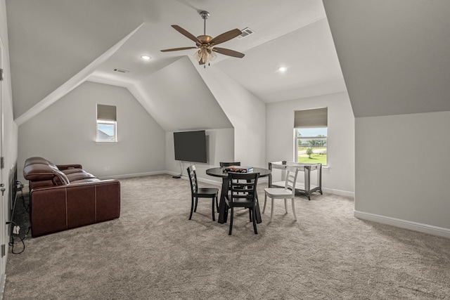 381 Oak Meadow Ln, Weatherford, TX 76085 - dining area featuring carpet, vaulted ceiling, a ceiling fan, and baseboards