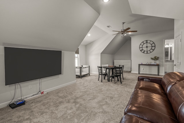 381 Oak Meadow Ln, Weatherford, TX 76085 - living room with lofted ceiling, carpet floors, ceiling fan, baseboards, and recessed lighting