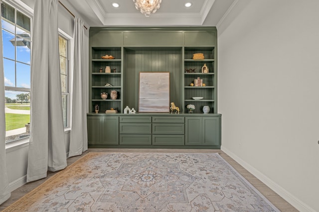 381 Oak Meadow Ln, Weatherford, TX 76085 - bar featuring crown molding, baseboards, light wood finished floors, a chandelier, and recessed lighting