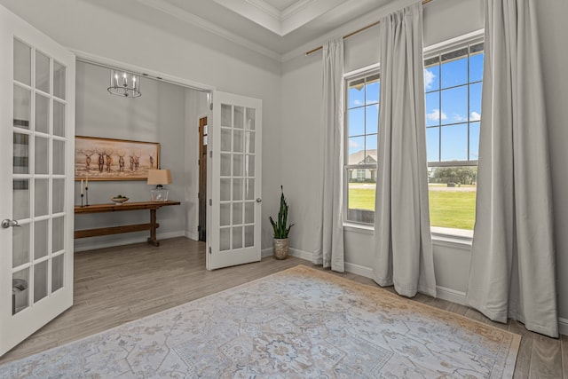 381 Oak Meadow Ln, Weatherford, TX 76085 - spare room with french doors, ornamental molding, plenty of natural light, a chandelier, and wood finished floors