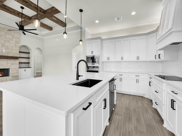 161 Altom Rd, Springtown, TX 76082 - kitchen with a sink, appliances with stainless steel finishes, a ceiling fan, arched walkways, and custom range hood