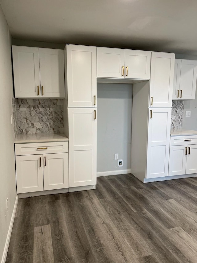 1605 Baltimore Dr, Richardson, TX 75081 - kitchen with white cabinets, dark wood-style floors, and decorative backsplash
