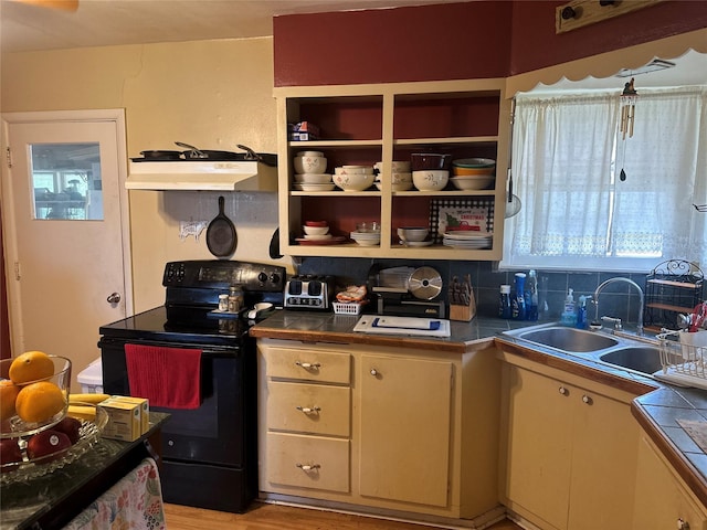567 N Rice, Hamilton, TX 76531 - kitchen with electric range, under cabinet range hood, a sink, and light wood finished floors