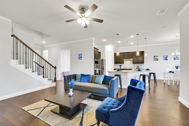 7216 Monet Ln, Grand Prairie, TX 75054 - living room with recessed lighting, a ceiling fan, baseboards, dark wood-style floors, and stairs