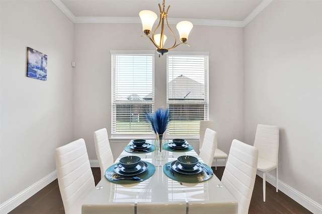 7216 Monet Ln, Grand Prairie, TX 75054 - dining area featuring baseboards, wood finished floors, a chandelier, and ornamental molding