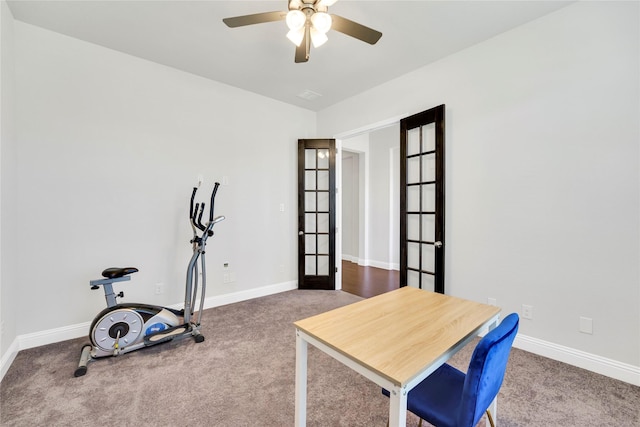 7216 Monet Ln, Grand Prairie, TX 75054 - workout area featuring ceiling fan, carpet floors, and baseboards