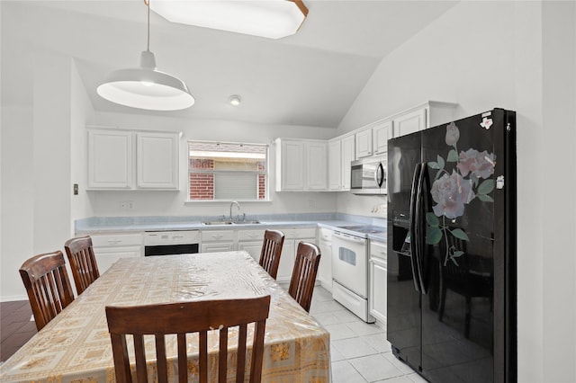 6745 Bear Hollow Ln, Watauga, TX 76137 - kitchen featuring white appliances, a sink, vaulted ceiling, light countertops, and white cabinetry