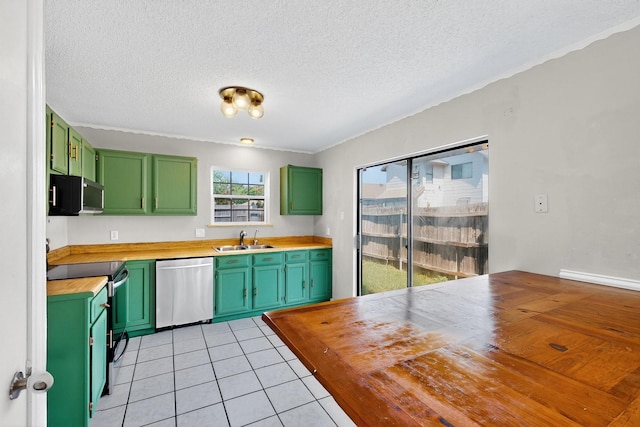 205 Callender Dr, Fort Worth, TX 76108 - kitchen with green cabinets, dishwasher, a sink, electric stove, and black microwave