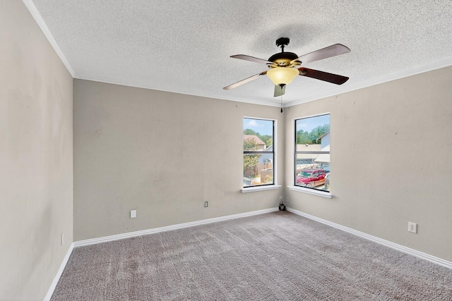 205 Callender Dr, Fort Worth, TX 76108 - empty room with a textured ceiling, ceiling fan, carpet flooring, baseboards, and crown molding