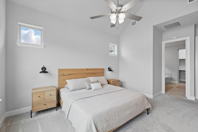1302 20th St, Northlake, TX 76226 - bedroom with carpet floors, baseboards, vaulted ceiling, a ceiling fan, and ensuite bathroom