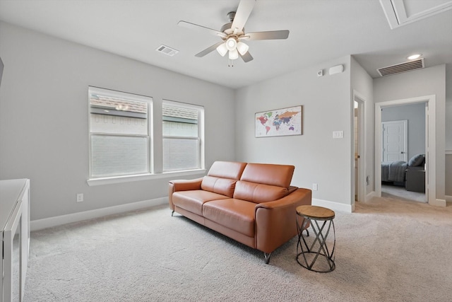 1302 20th St, Northlake, TX 76226 - living room featuring carpet floors, a ceiling fan, baseboards, and attic access