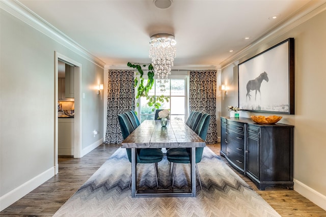 3241 Merrell Cir, Dallas, TX 75229 - dining area featuring crown molding, a chandelier, baseboards, and wood finished floors