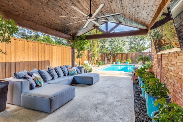 3241 Merrell Cir, Dallas, TX 75229 - fenced backyard featuring ceiling fan, a patio area, and outdoor lounge area