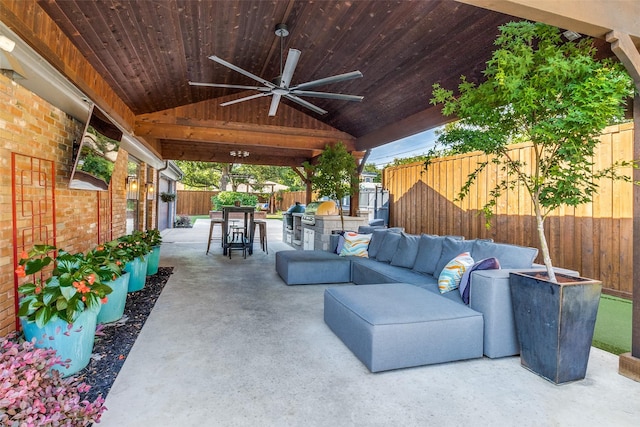 3241 Merrell Cir, Dallas, TX 75229 - fenced backyard with a ceiling fan, a patio, and an outdoor living space