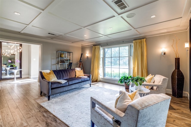 3241 Merrell Cir, Dallas, TX 75229 - living room featuring light wood-style flooring, baseboards, coffered ceiling, a chandelier, and crown molding