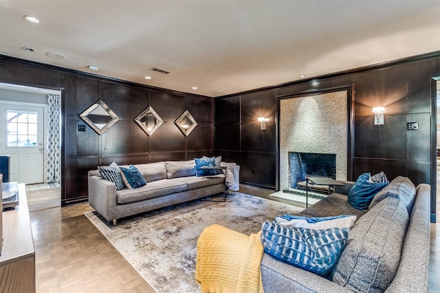 3241 Merrell Cir, Dallas, TX 75229 - living area featuring a fireplace with raised hearth and recessed lighting