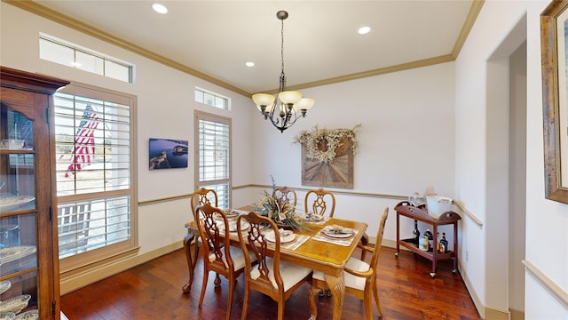 35 Oakland Hills Ct, Graford, TX 76449 - dining space featuring ornamental molding, a chandelier, dark wood-type flooring, recessed lighting, and baseboards