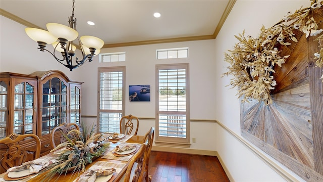 35 Oakland Hills Ct, Graford, TX 76449 - dining space featuring ornamental molding, a chandelier, hardwood / wood-style floors, baseboards, and recessed lighting