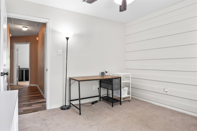 483 County Road 1591, Sunset, TX 76270 - carpeted home office featuring attic access, a ceiling fan, and baseboards