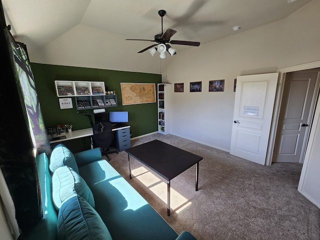 9924 Chrysalis Dr, Fort Worth, TX 76131 - living area with vaulted ceiling, carpet floors, ceiling fan, and an office area