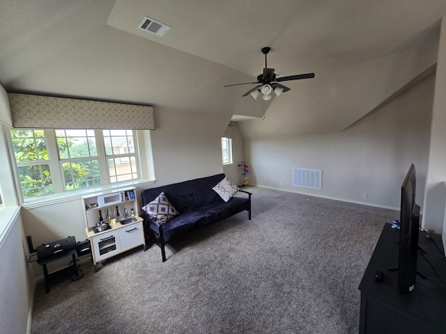9924 Chrysalis Dr, Fort Worth, TX 76131 - carpeted living area featuring vaulted ceiling, a ceiling fan, and baseboards