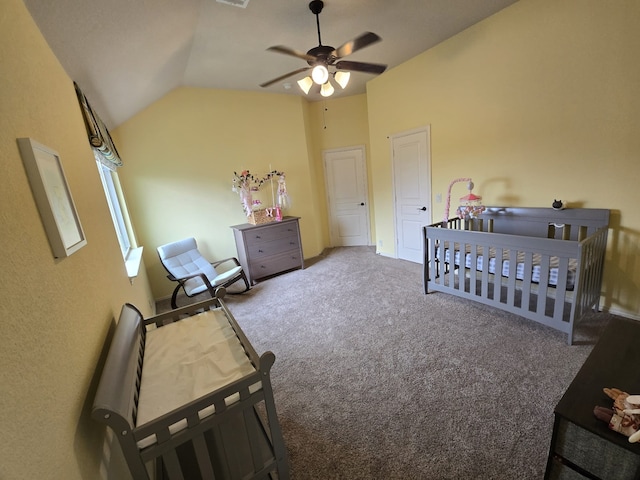 9924 Chrysalis Dr, Fort Worth, TX 76131 - bedroom with lofted ceiling, carpet flooring, a nursery area, and ceiling fan