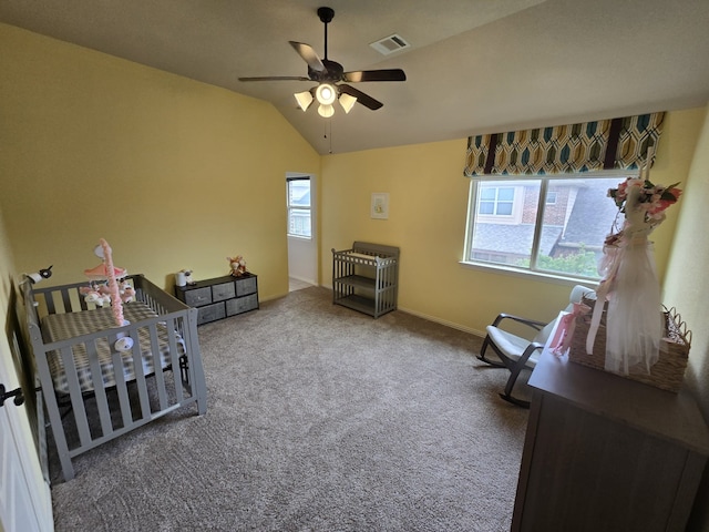 9924 Chrysalis Dr, Fort Worth, TX 76131 - bedroom featuring multiple windows, lofted ceiling, carpet floors, a ceiling fan, and baseboards