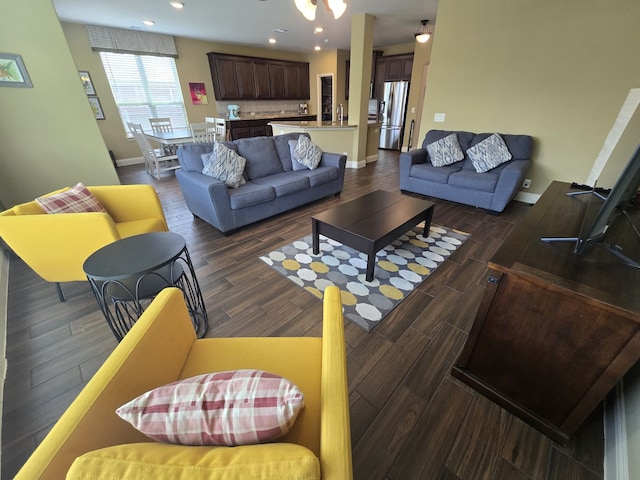 9924 Chrysalis Dr, Fort Worth, TX 76131 - living room featuring dark wood finished floors, baseboards, and recessed lighting