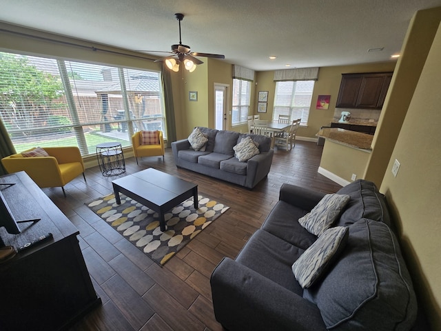 9924 Chrysalis Dr, Fort Worth, TX 76131 - living room with ceiling fan, dark wood-style flooring, baseboards, and recessed lighting