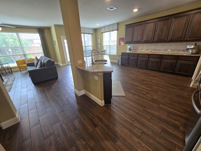 9924 Chrysalis Dr, Fort Worth, TX 76131 - kitchen featuring a sink, dark wood-type flooring, dark brown cabinets, baseboards, and recessed lighting