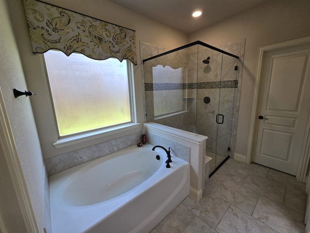 9924 Chrysalis Dr, Fort Worth, TX 76131 - bathroom featuring a bath, a stall shower, and recessed lighting