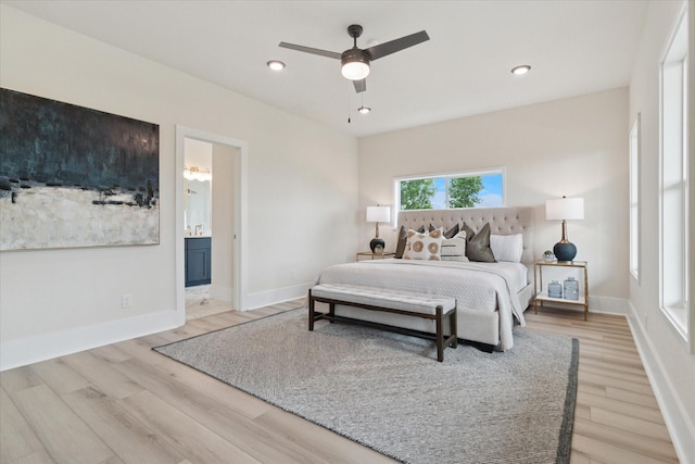 669 Massey Rd, Gunter, TX 75058 - bedroom with wood finished floors, baseboards, ensuite bath, ceiling fan, and recessed lighting