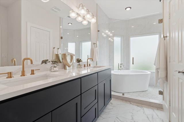 669 Massey Rd, Gunter, TX 75058 - bathroom with marble finish flooring, a shower stall, double vanity, and a soaking tub
