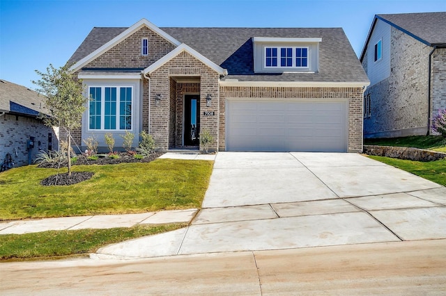 7136 Intrepid Dr, Fort Worth, TX 76179 - view of front of house with brick siding, driveway, a front lawn, and roof with shingles