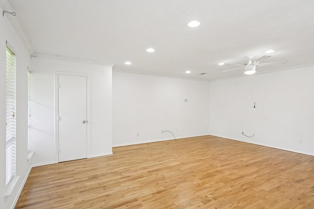 4016 Willow Ridge Dr, Dallas, TX 75244 - unfurnished room with light wood-style floors, recessed lighting, ornamental molding, a ceiling fan, and baseboards