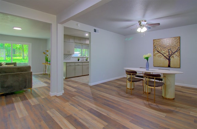 3404 Alhambra Dr, Forest Hill, TX 76119 - dining space with a ceiling fan, wood finished floors, and baseboards