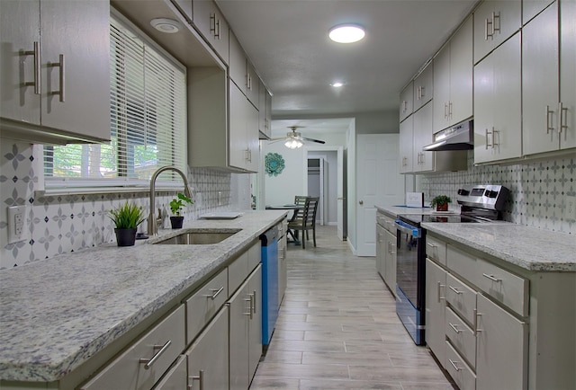 3404 Alhambra Dr, Forest Hill, TX 76119 - kitchen with stainless steel appliances, a sink, under cabinet range hood, decorative backsplash, and a ceiling fan