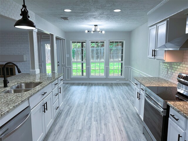 2946 Ridgewood Dr, Grapevine, TX 76051 - kitchen featuring stainless steel appliances, a sink, range hood, a fireplace, and light wood-style floors
