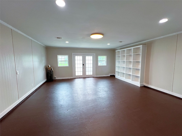 2946 Ridgewood Dr, Grapevine, TX 76051 - spare room with ornamental molding, french doors, baseboards, finished concrete flooring, and recessed lighting