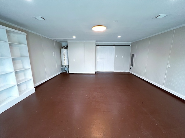 2946 Ridgewood Dr, Grapevine, TX 76051 - below grade area featuring a decorative wall, water heater, ornamental molding, and built in features