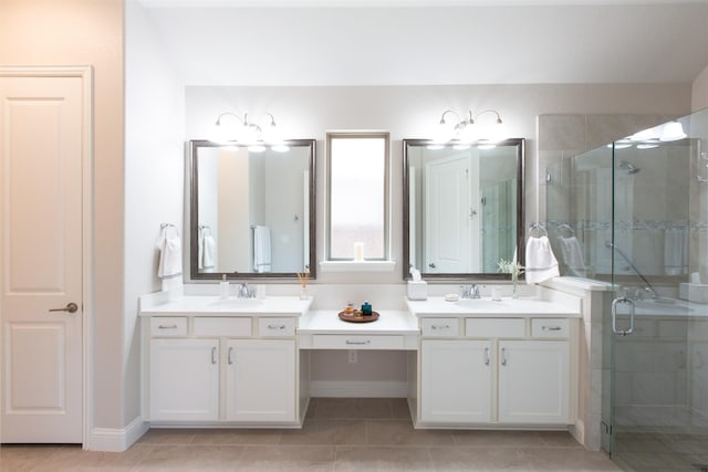 7721 Haddington, The Colony, TX 75056 - full bathroom with vanity, a shower stall, tile patterned flooring, and baseboards