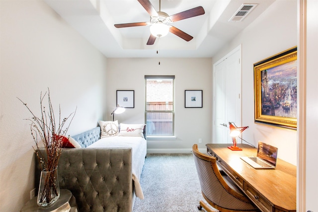 7721 Haddington, The Colony, TX 75056 - sitting room with a raised ceiling, carpet, an office area, a ceiling fan, and baseboards