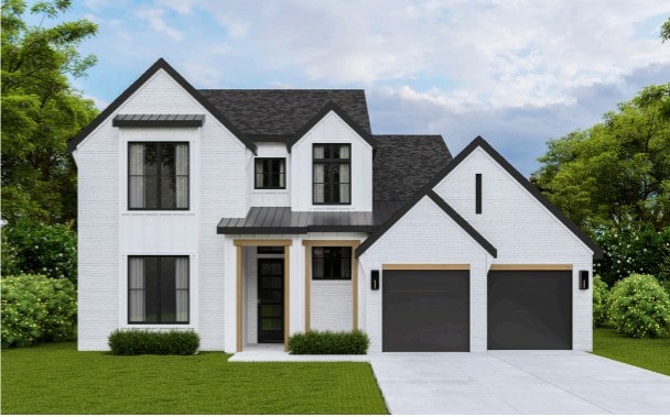 6937 Talon Dr, Fort Worth, TX 76179 - modern farmhouse featuring concrete driveway, a standing seam roof, a front yard, and brick siding