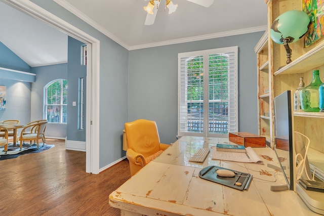 4001 Elmhill Dr, Plano, TX 75024 - home office with healthy amount of natural light, wood finished floors, baseboards, a ceiling fan, and crown molding