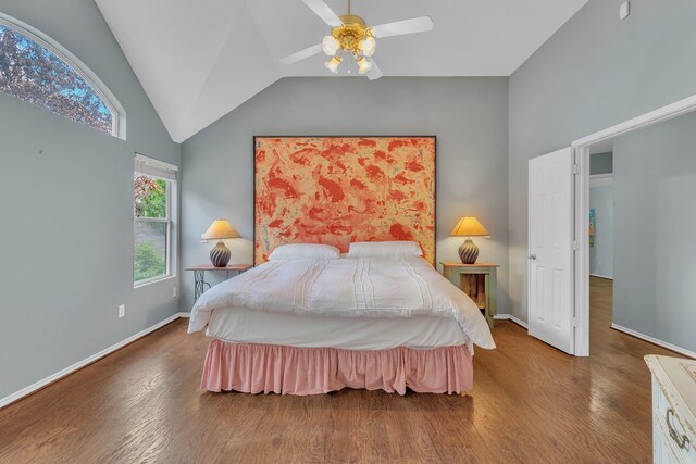4001 Elmhill Dr, Plano, TX 75024 - bedroom featuring wood finished floors, high vaulted ceiling, baseboards, and a ceiling fan