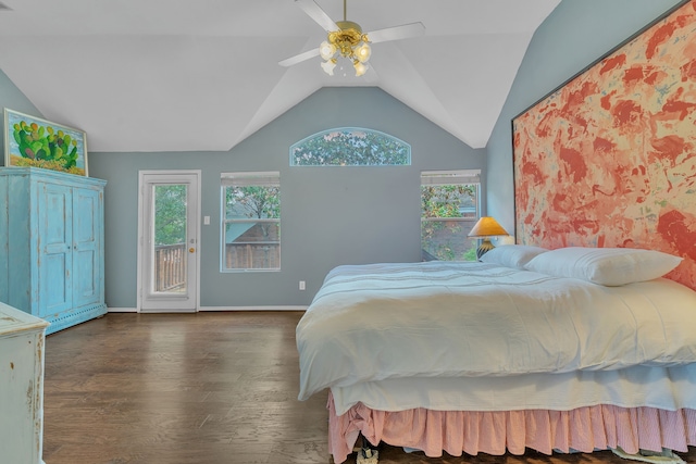 4001 Elmhill Dr, Plano, TX 75024 - bedroom with access to exterior, vaulted ceiling, wood finished floors, multiple windows, and a ceiling fan