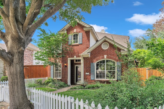 4001 Elmhill Dr, Plano, TX 75024 - traditional home featuring brick siding, roof with shingles, a chimney, and a fenced front yard