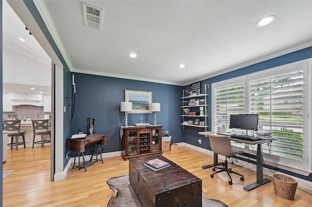 16905 Colegrove Dr, Dallas, TX 75248 - home office featuring light wood-style floors, crown molding, recessed lighting, and baseboards
