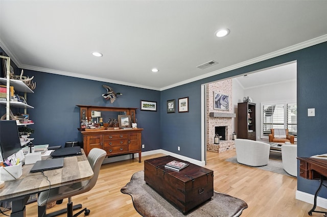 16905 Colegrove Dr, Dallas, TX 75248 - home office featuring light wood finished floors, ornamental molding, baseboards, a brick fireplace, and recessed lighting